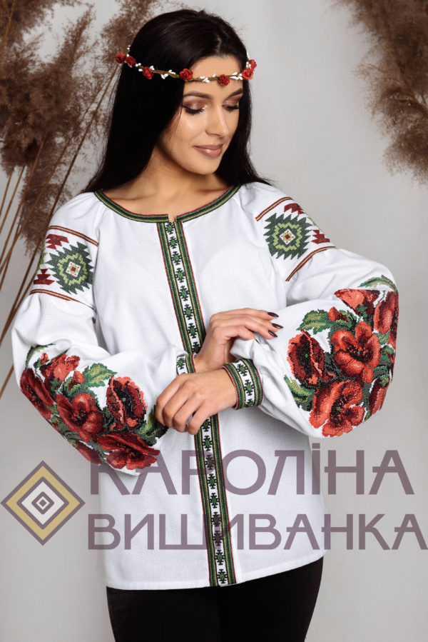 Заготовка на жіночу блузку «Маки» у стилі «бохо» з поясом під вишиття бісером/нитками, БЖ-034 - Зображення 3