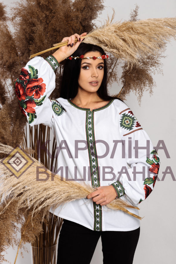 Заготовка на жіночу блузку «Маки» у стилі «бохо» з поясом під вишиття бісером/нитками, БЖ-034 - Зображення 2